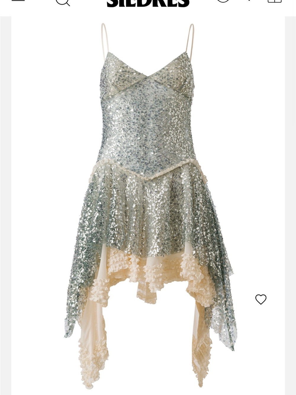 SIEDRES Silver Sequin Handkerchief Hem Mini Dress with Cream Ruffle